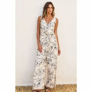 Sleeveless V-Neck Printed Wide-Leg Jumpsuit - Cream/Black